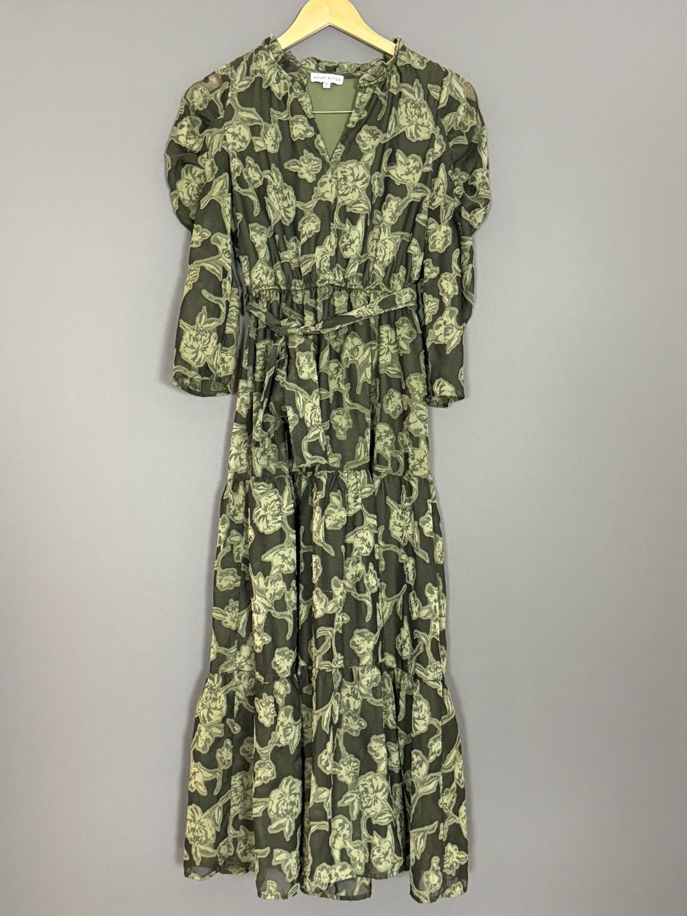 Moon River Envy Dress Green Floral Midi Puff Sleeve XS Boho Cottagecore - Picture 2 of 9